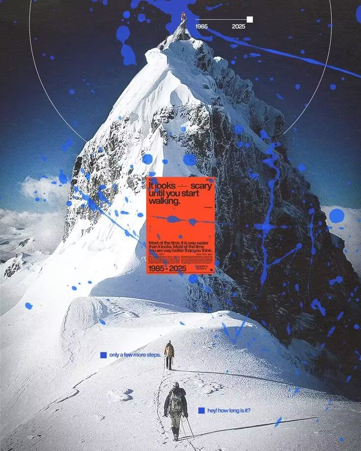 A snowy mountain collage with blue ink and an orange note