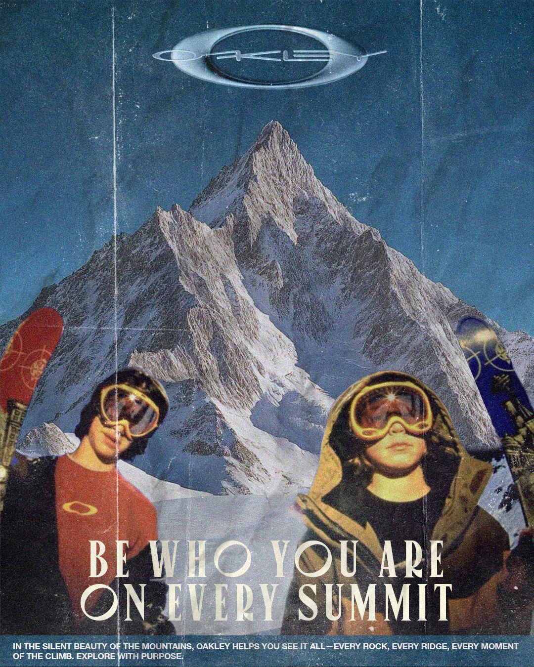 A vintage ski collage against a mountain summit